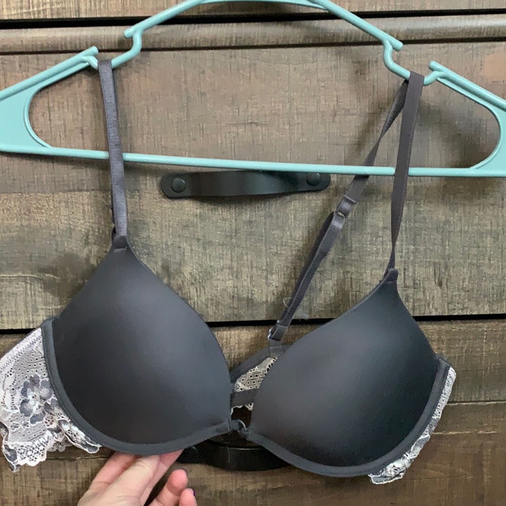 Gray and white lace bra